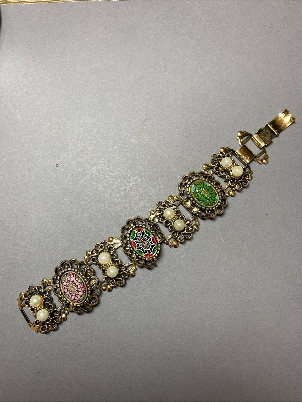 Vintage mosaic pearl link bracelet